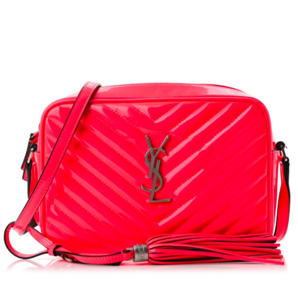 Rare YSL Matelasse Monogram Neon Pink Lou Camera Bag in Patent Leather